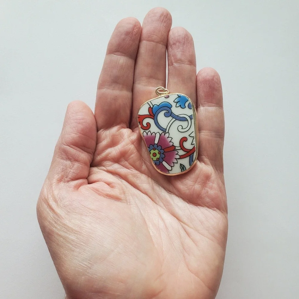 Floral Flourish‎ Chinoiserie Pendant Pink Blue Porcelain Pottery Shard Jewelry